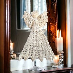 VTG Handmade Cotton Starched Crochet White Tree Topper Ornament White 9”